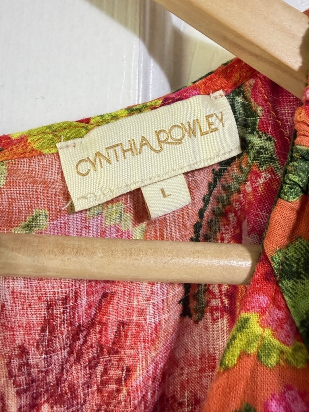 Cynthia Rowley floral tropical orange pink ruffle linen blouse vacay top large - Picture 3 of 3